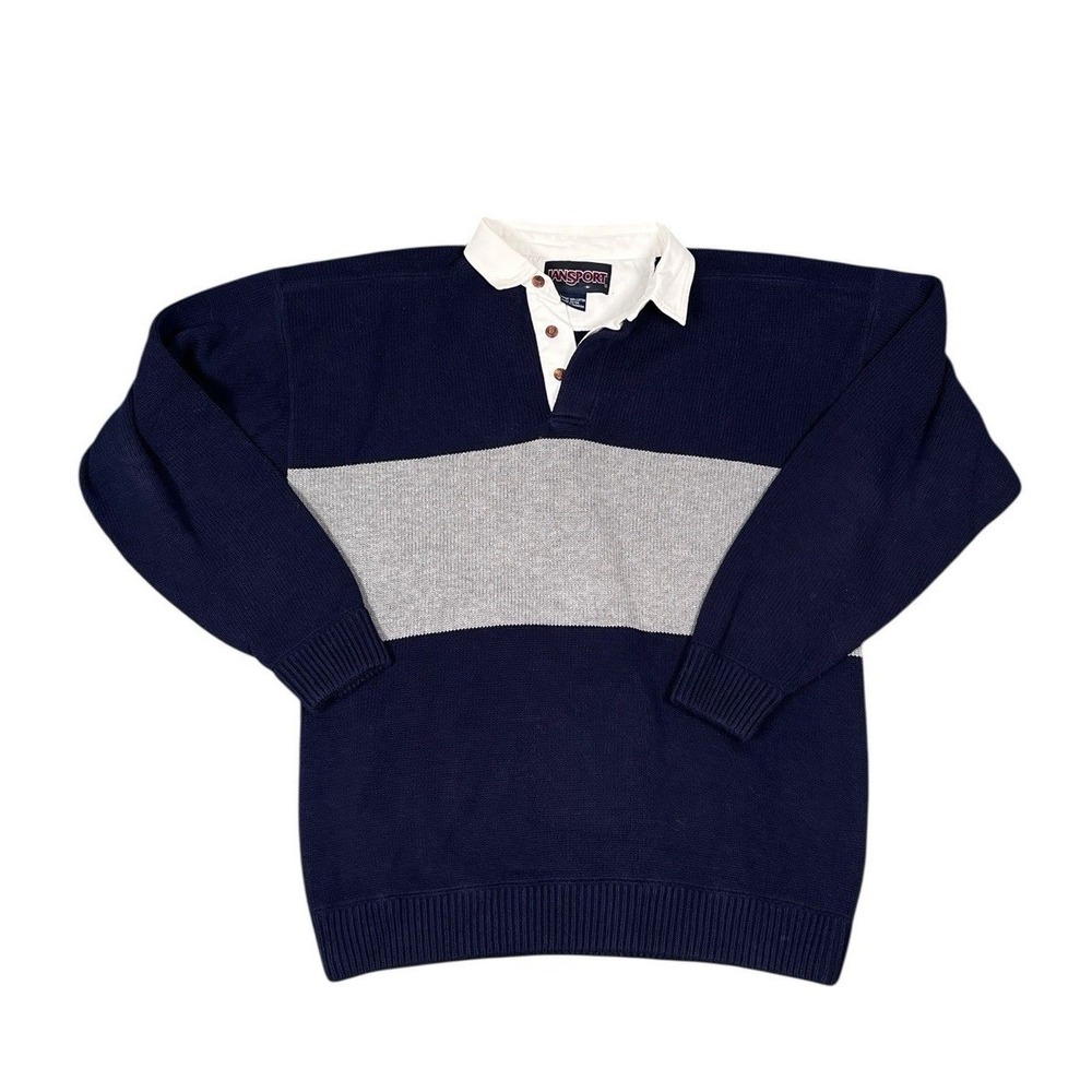 VTG 90s Jansport Colorblock Rugby Polo Sweater Size Medium Blue Gray